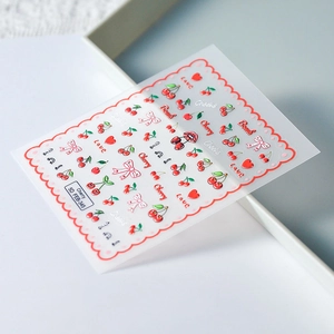 5D embossed cherry nail art stickers with textured heart and bow designs, model FEB-345