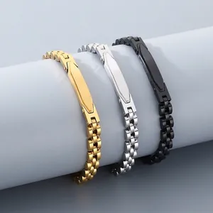 Stainless Steel Bracelet Watchband Link Chain Curved ID Plate Minimalist Fashion Jewelry Unisex Polished Bangle