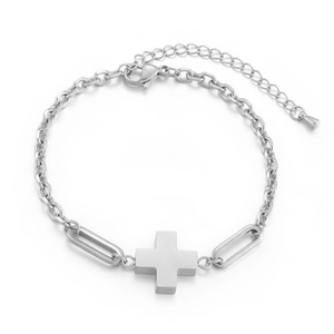Silver stainless steel chain bracelet featuring a minimalist cross pendant and lobster clasp