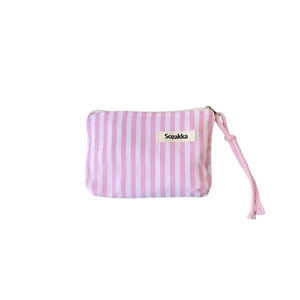 Pink and white striped cosmetic bag with zipper and hand strap for small accessories