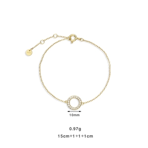 Detail of S925 sterling silver gold bracelet with 10mm round zircon and adjustable chain