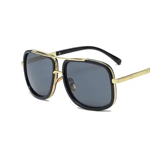 Fashionable oversized square sunglasses with black frame and gold metal double bridge