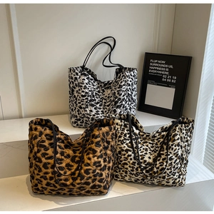 Quilted leopard print tote bags in three colors with black shoulder straps for women