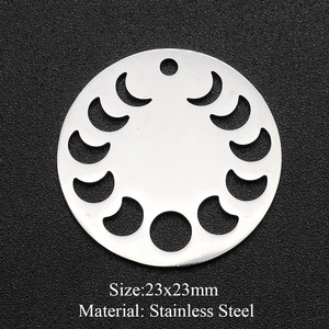 Detail of 23mm silver stainless steel circular pendant with moon phase cutout design