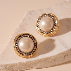 Vintage style gold and silver chain link button earrings with elegant faux pearl centers