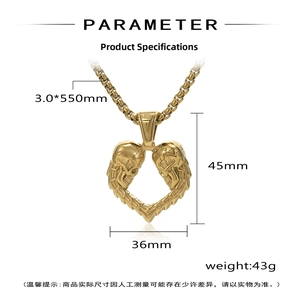 Tableau des tailles du pendentif cœur double crâne doré avec détails de chaîne