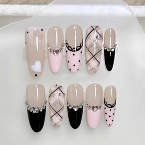 Press On Nails Pink Black Sweet Cool French Plaid Heart Rhinestone Long Almond Artificial False Nail Tips For Women