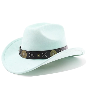 Detail of light blue western cowboy hat with brown leather band and metal studs