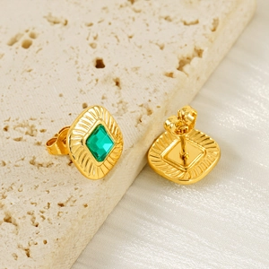 Vintage gold plated stainless steel square stud earrings with green zircon stones