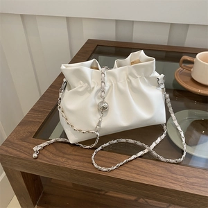Ruched Cloud Bag For Women PU Leather Crossbody Shoulder Bag With Adjustable Silver Metal Ball Chain Strap Elegant