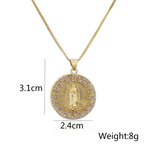Detailed view of an 18K gold plated coin necklace with purple zircon and dimensions