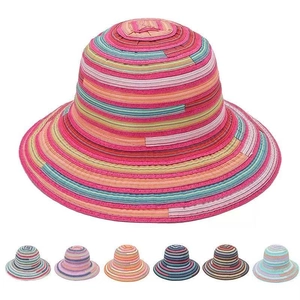 Handwoven straw bucket hat with vibrant colorful stripes for beach vacation sun protection