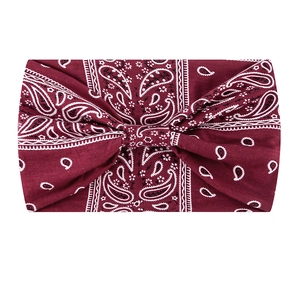 Bohemian paisley yoga headband in burgundy with retro butterfly bow style for women