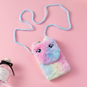 Detail of soft rainbow plush unicorn crossbody bag with cute embroidered cartoon eyes