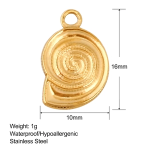 Macro view of a gold conch pendant with 16x10mm size and waterproof steel label