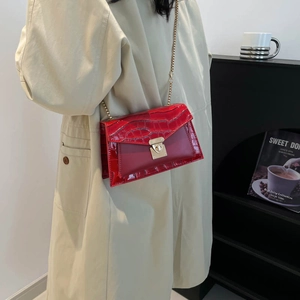 French vintage red crossbody bag with croc-embossed flap and gold chain strap