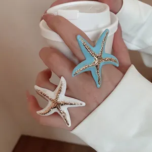 Starfish Open Ring Exaggerated Alloy Enamel Coastal Ocean Theme Bohemian Adjustable Gold Textured Jewelry For Women