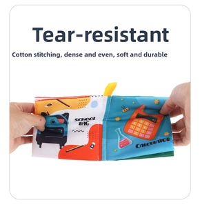 Close-up of durable tear-resistant baby cloth book with colorful school theme patterns