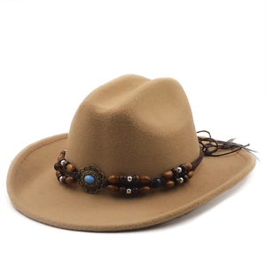 Detail of wool fedora with turquoise bead, wood accents, and feathers in camel brown