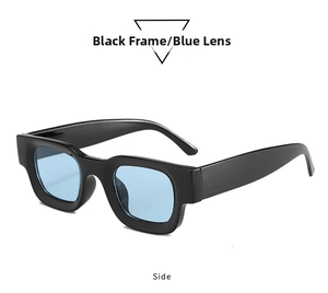 Detail-Seitenansicht der schwarzen Sonnenbrille mit hellblauen transparenten Gläsern