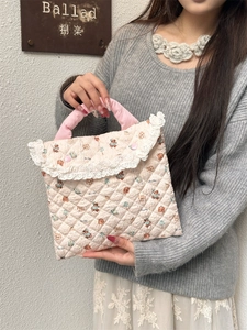 Quilted cartoon laptop sleeve with Bear Story pattern and pink lace detail for MacBook