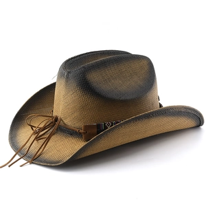 Brown gradient woven straw cowboy hat with ethnic leather band for outdoor sun protection