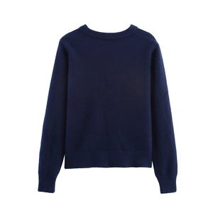 Navy blue crew neck knit cardigan with ribbed cuffs and hem in a minimalist casual style