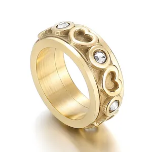 Stainless Steel Rotating Ring With Hollow Heart Pattern And Rhinestones For Stress Relief Couples Fashion Jewelry