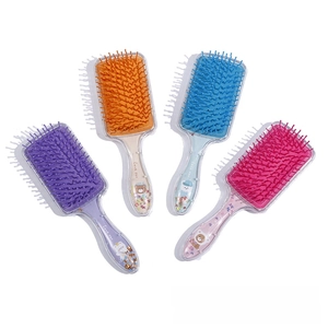 Detailed set of four colorful cartoon air cushion hairbrushes with glitter and bears