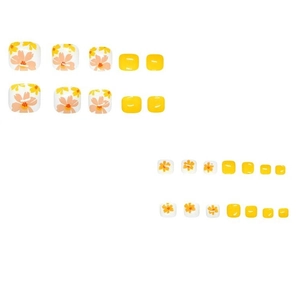 24-piece set of short square yellow floral press-on toenails for a fresh summer look