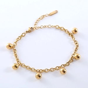 Polished gold stainless steel chain bracelet with metallic beads and lobster clasp