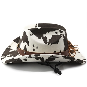 Chapeau de cowboy imprimé vache en daim avec bandeau marron et mentonnière réglable