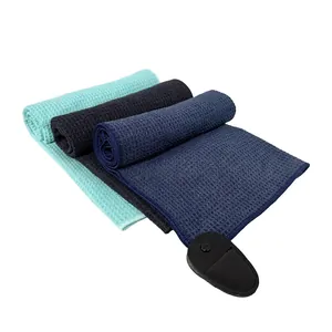 Three-color microfiber golf towels with waffle pattern and magnetic hanging snap attachment