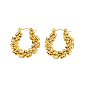 Macro detail of high-polish gold hoop earrings with geometric rectangular links