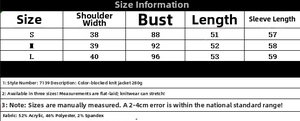 Detailed size chart for the color block knit cardigan with fabric composition and measurements