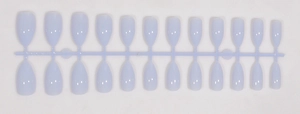 Macro shot of 24-piece lavender almond short press-on nails set on a plastic holder