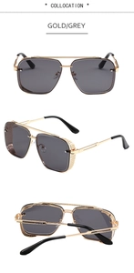 Steampunk gold frame sunglasses with grey lenses showing front, side, and folded views