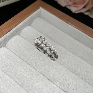 Double-layer silver open ring with zircon stars and white pearls on velvet box