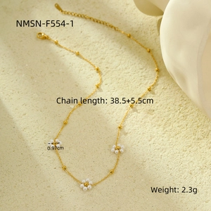 Detail of gold floral necklace with pearls, including NMSN-F554-1 product dimensions