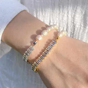 Stainless Steel Bracelet With Freshwater Pearl And Baguette Cubic Zirconia Splicing Design Elegant Fashion Jewelry Women