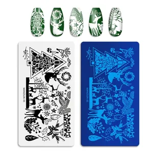 Detail of Christmas nail stamping plate featuring reindeer, snowflakes and festive patterns