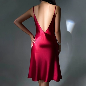 Elegant red satin slip dress with deep V backless design and thin straps for women