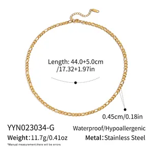 Close-up of gold Figaro chain showing 44+5cm length and 4.5mm width dimensions