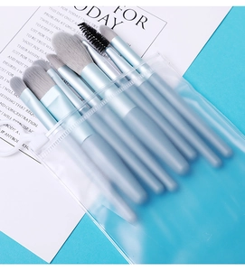 Detailed view of 7-piece makeup brush set in light blue with a transparent storage bag
