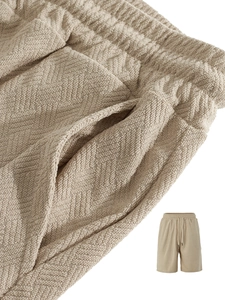 Detail of waffle texture fabric on men's casual shorts with drawstring and side pocket