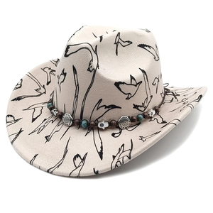 Stylish western cowboy sun hat in beige with bird prints and turquoise bead decorations
