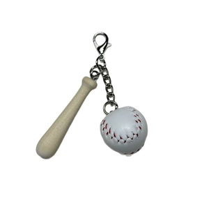 Miniature wooden baseball bat and white stitched ball keychain with silver metal clip