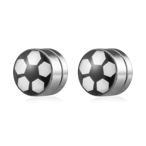 Detailed view of silver stainless steel earrings featuring black and white soccer ball studs