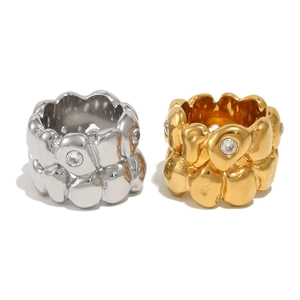 Minimalist double layer textured stainless steel rings with zircon stones in gold and silver