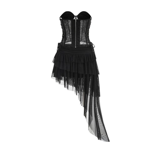Detail of asymmetrical layered mesh hem and satin finish on black corset dress